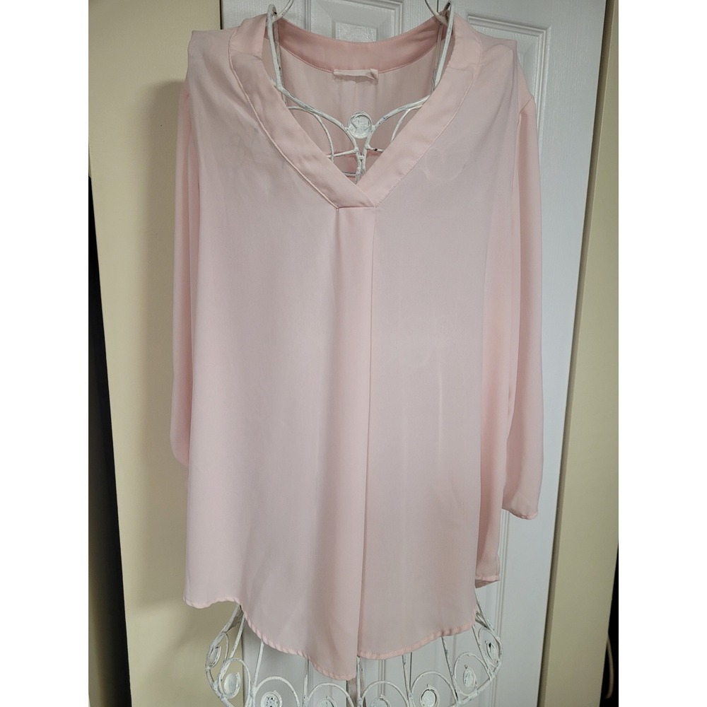 Lush Womens Blush Pink V-Neck Roll Tab Sleeve Boho Blouse Semi-Sheer Size XL